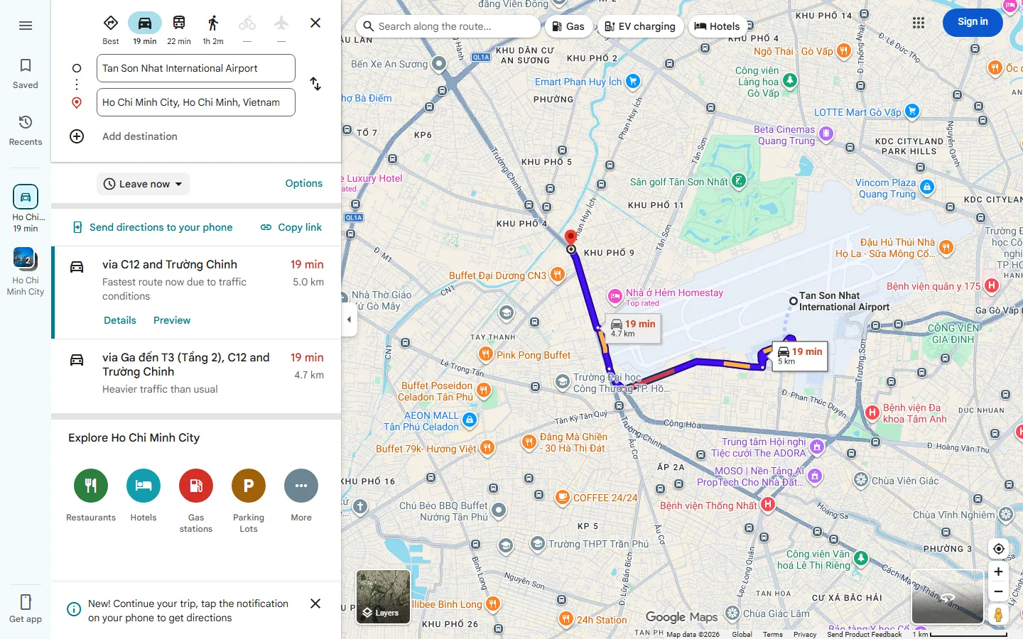 Google Maps route from Tan Son Nhat International Airport to District 1