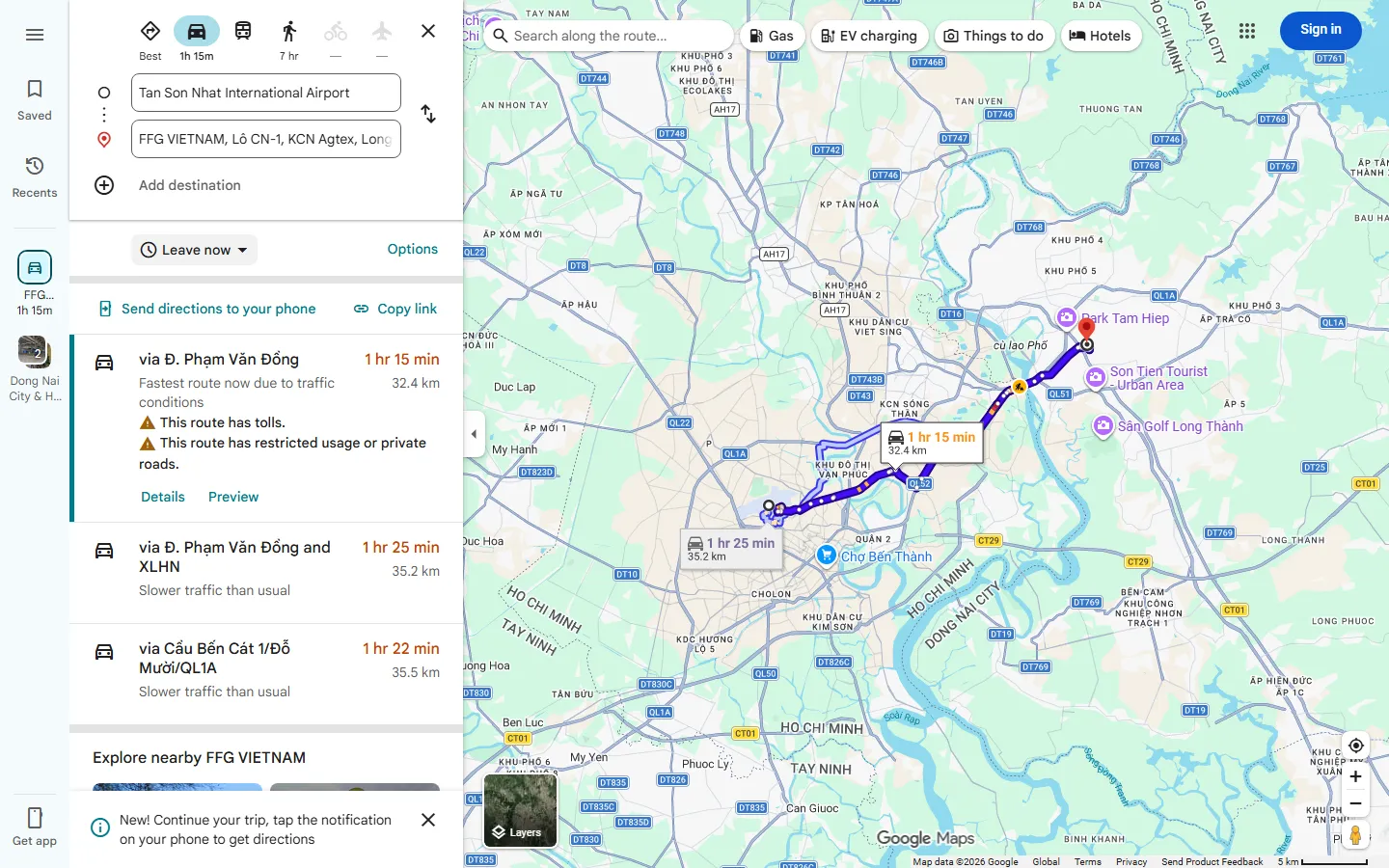 Google Maps route from Tan Son Nhat International Airport to the FFG Bags factory
