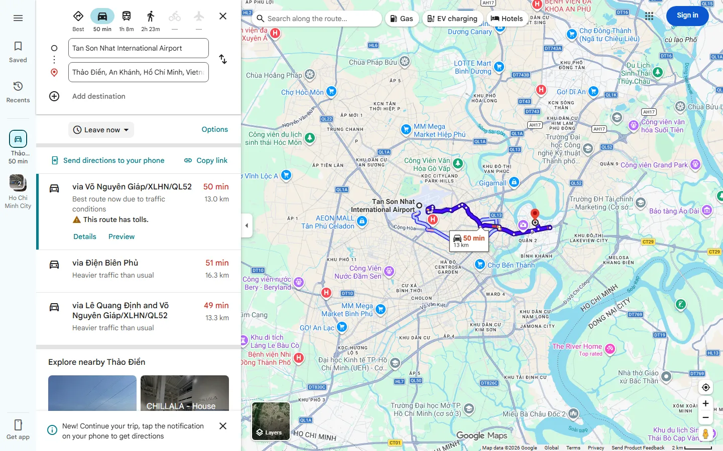 Google Maps route from Tan Son Nhat International Airport to Thao Dien