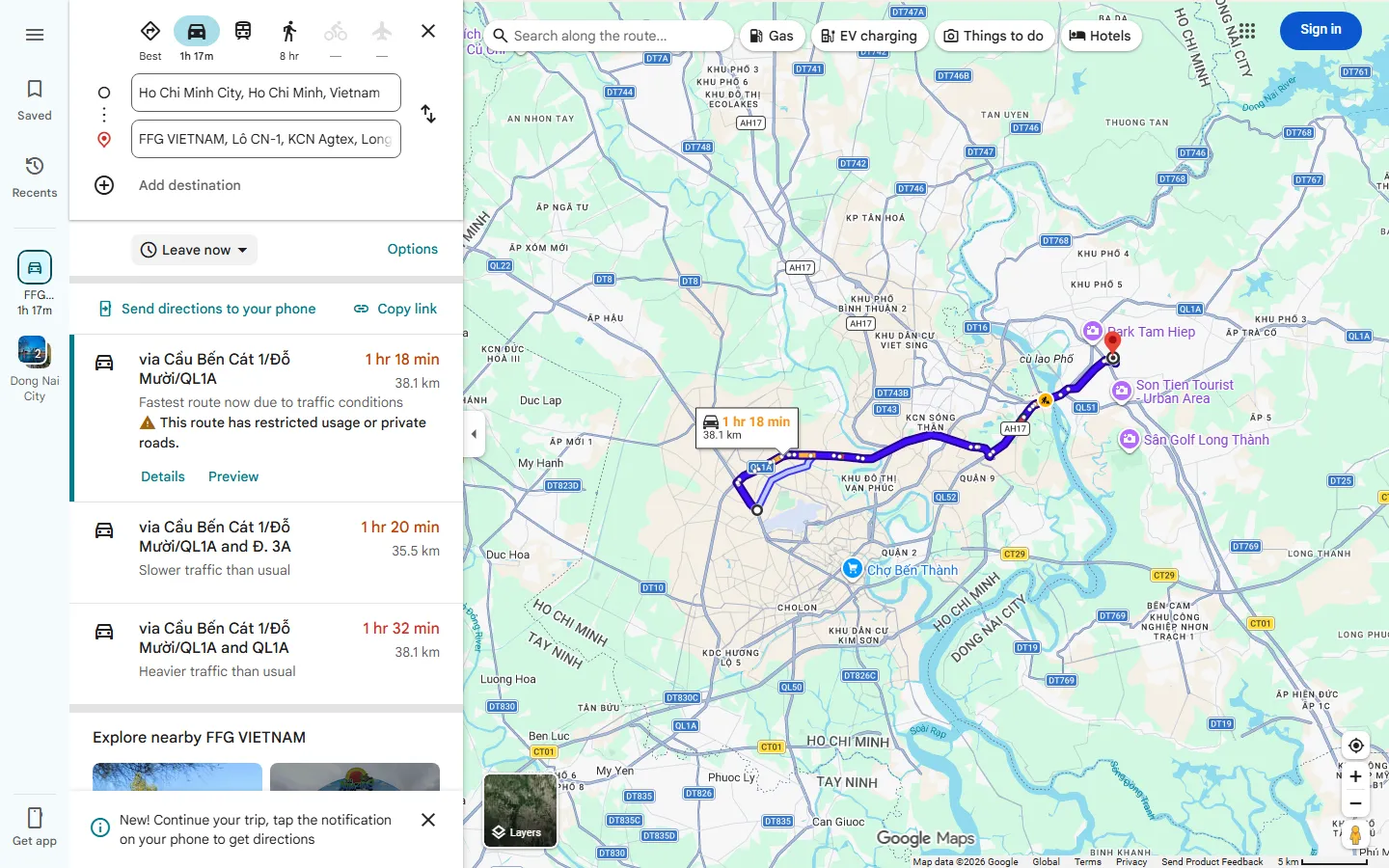 Google Maps route from District 1 to the FFG Bags factory