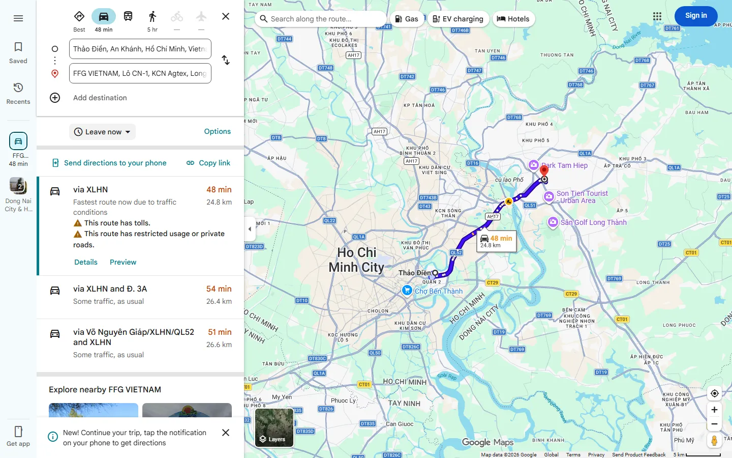 Google Maps route from Thao Dien to the FFG Bags factory
