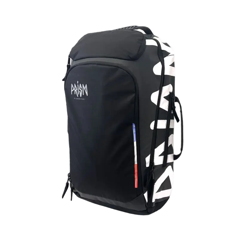 Front view of the black ripstop wheelchair bag standing upright, showing large side handles and brand logo on the panel